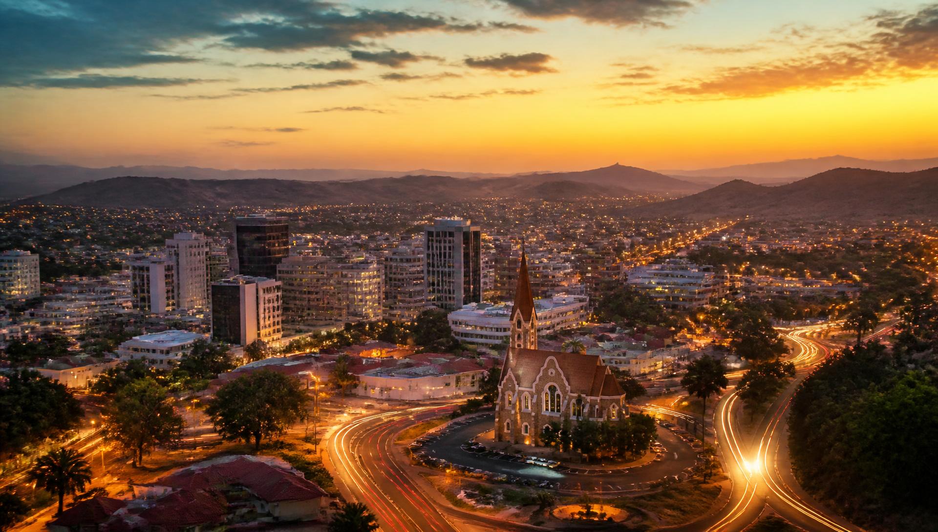 Aerial view of Windhoek, Namibia at golden hour with Christuskirche and city light trails
